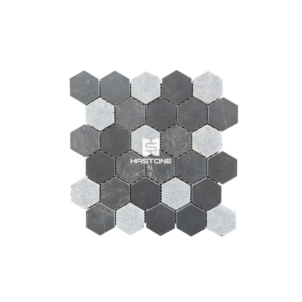 Black, Light Grey Hex 2'' Honed, Tumbled Mosaic