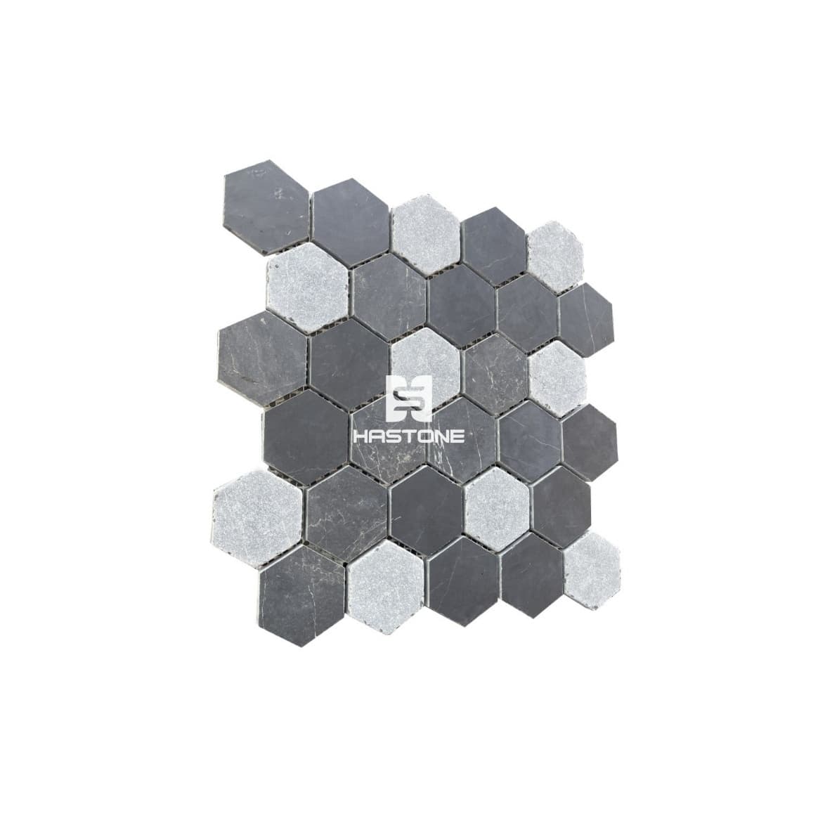 Black, Light Grey Hex 2'' Honed, Tumbled Mosaic